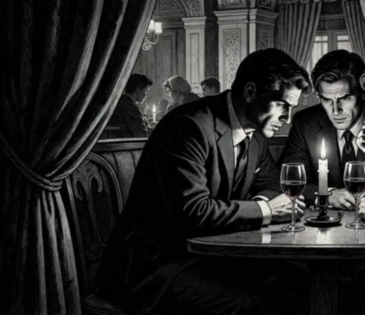 Alcôve privée en noir et blanc, table dressée et silhouettes suggérées.