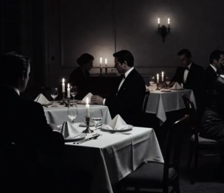 Salle de restaurant en clair-obscur, tables dressées sous une lumière de chandelles.