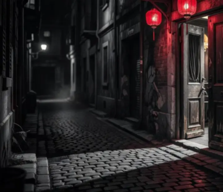 Entrée nocturne de Cercle Provence, éclairée par une lanterne rouge