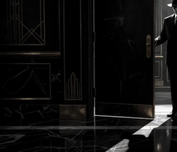 Entrée feutrée du Privé derrière une porte noire.