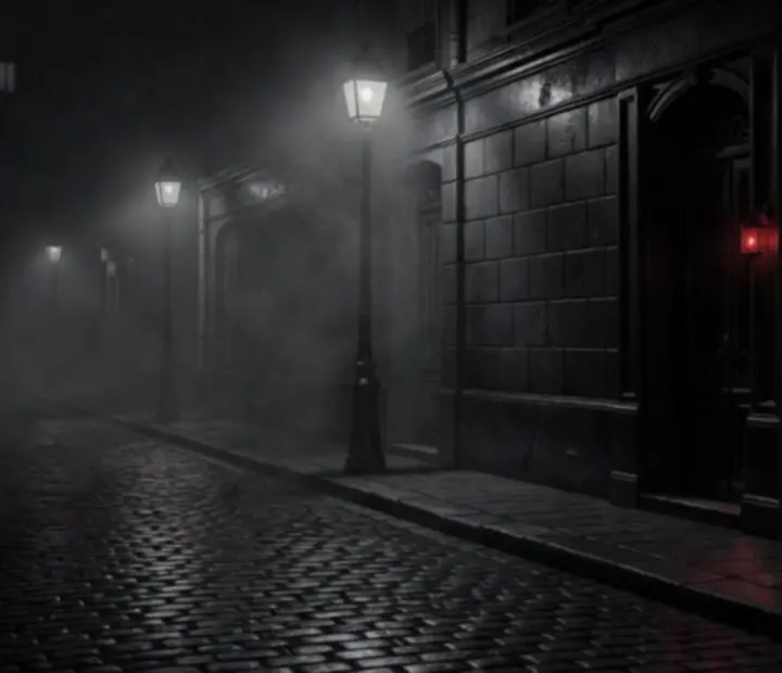 Façade nocturne discrète de Cercle Provence, lueur ténue sur pavés humides