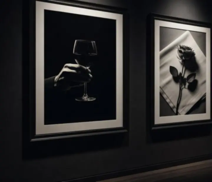 Montage cinématographique en noir et blanc de verres, rideaux et silhouettes dans un lounge discret.
