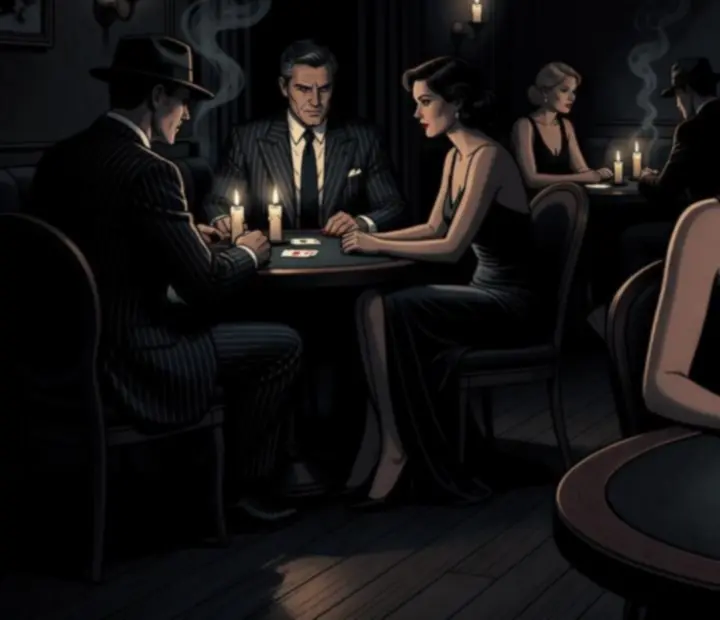 Ambiance de soirée en noir et blanc dans un restaurant feutré.