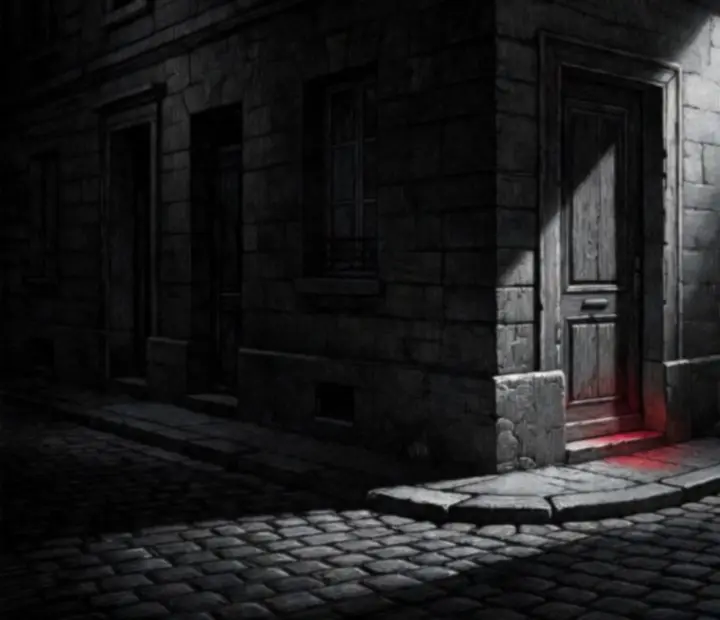 Entrée discrète dans une rue sombre, encadrée par un halo de lumière nocturne.