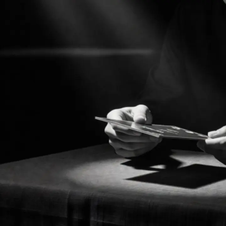 Main de l'hôte glissant une carte sur une table sombre, dans une lumière rasante.