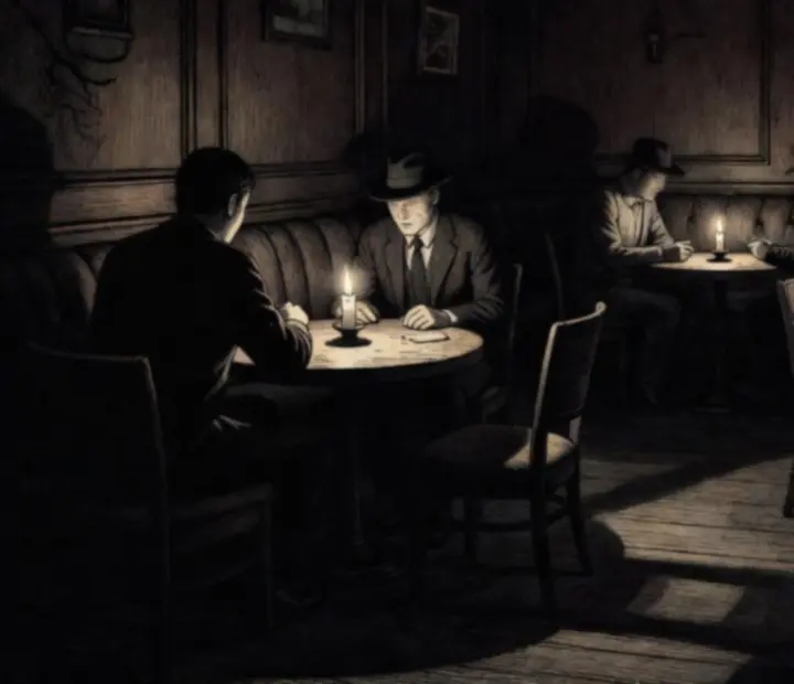 Deux silhouettes chuchotant dans un lounge sombre, éclairées par des bougies.