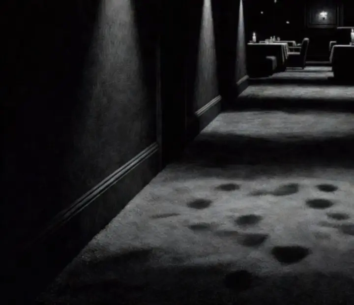 L’entrée du lounge Cercle Provence, couloir étroit plongé dans la pénombre