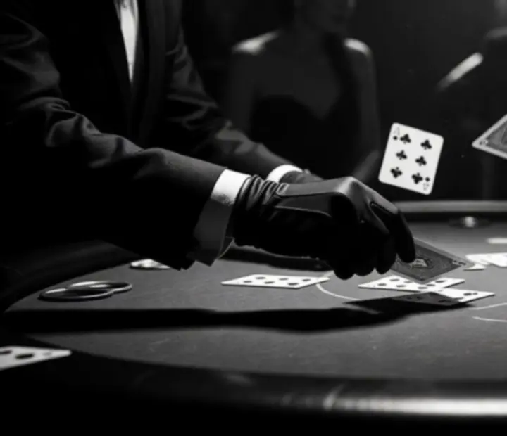 Croupier en noir et blanc, mains prêtes à distribuer les cartes
