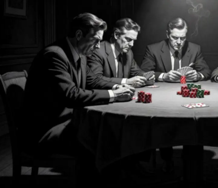 Table de poker en noir et blanc, jetons rouges et regards concentrés.