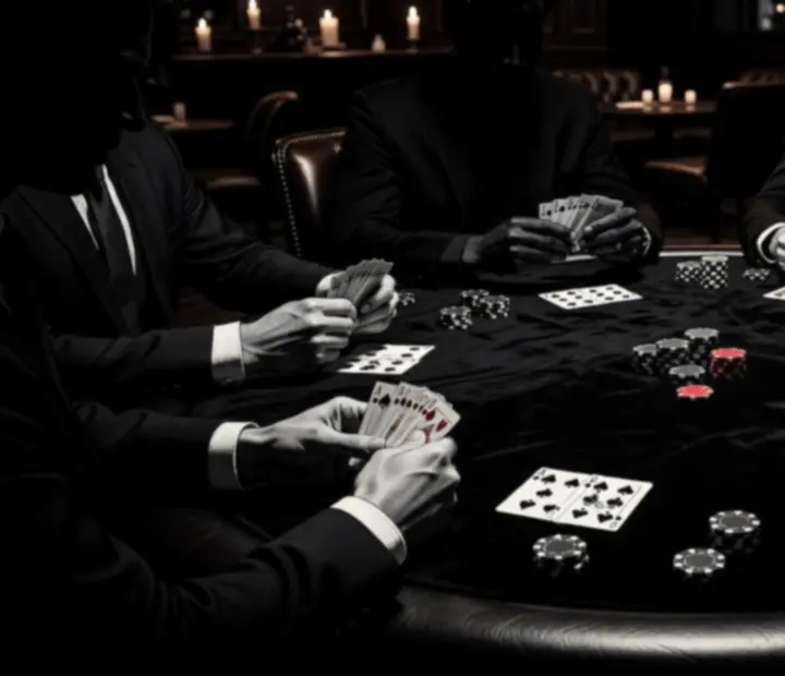 Table de poker en noir et blanc, feutre sombre, cartes et jetons dans une lumière rouge tamisée.