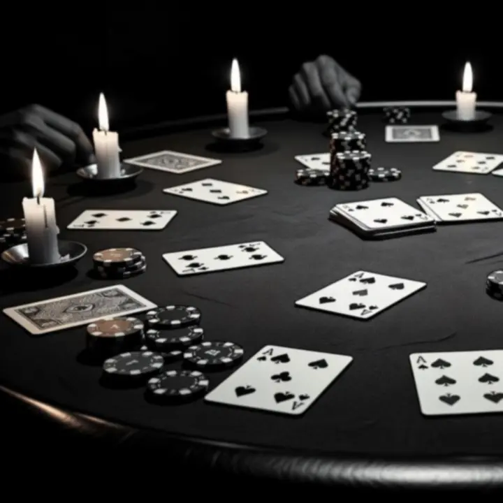 Table de poker en noir et blanc, cartes et jetons éclairés par des bougies
