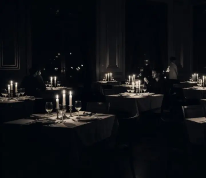 Salle de restaurant plongée dans l’ombre, éclairée par des chandelles et nappes sombres