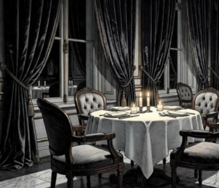 Salle de restaurant en noir et blanc, nappes claires et rideaux sombres